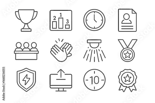 Dance Competition Icons. Outline icon set of dance competitions online: trophy icon, leaderboard, clock icon,