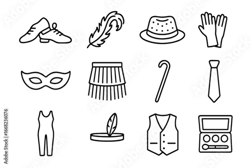 Dance Costume Icons. Outline icon set of dance costumes and props: jazz shoes, feather boa, sequin hat, gloves