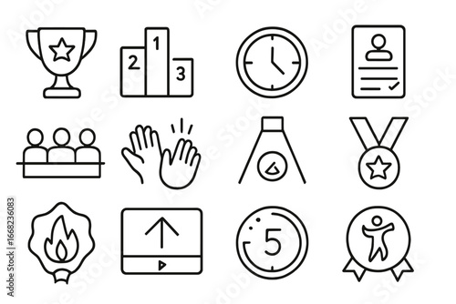 Dance Competition Icons. Outline icon set of dance competitions online: trophy icon, leaderboard, clock icon,