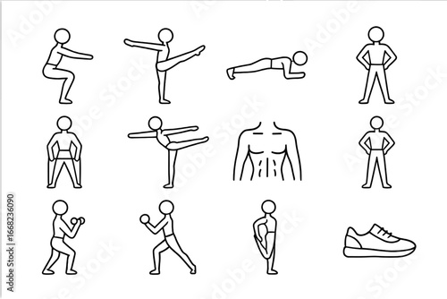 Dance Fitness Icons. Outline icon set of strength training in dance: squat hold, lifted leg, floor core, plank
