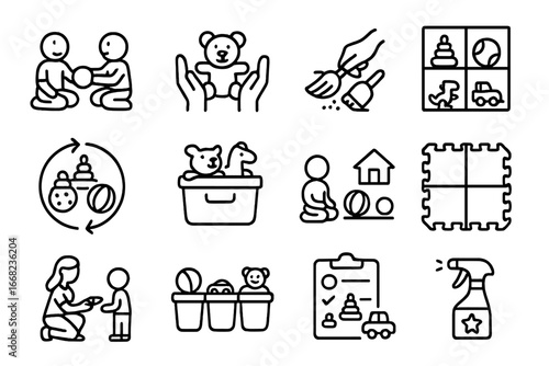 Daycare Toy Icons. Outline icon set of daycare toy management: group play, shared toy, cleanup time, cubby