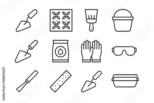 Decorative Masonry Tools. Outline icon set of decorative masonry tools: small pointing trowel, stencil, brush,