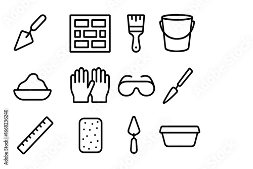 Decorative Masonry Tools. Outline icon set of decorative masonry tools: small pointing trowel, stencil, brush,
