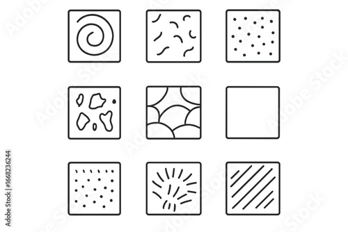 Decorative Plaster Icons. Outline icon set of decorative plastering patterns: swirl texture, skip trowel,