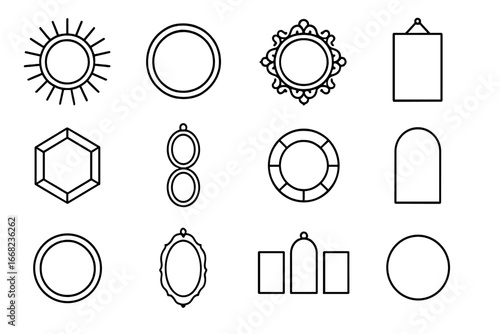 Decorative Mirror Icons. Outline icon set of decorative wall-mounted mirrors: sunburst mirror, circular glass,