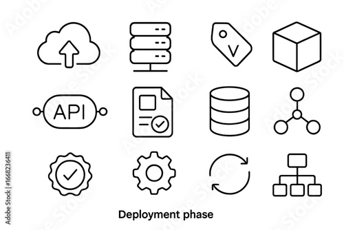 Deployment Phase Icons. Outline icon set of deployment phase: cloud upload, server rack, version tag, package