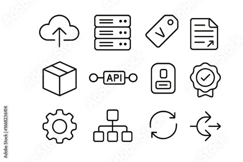 Deployment Phase Icons. Outline icon set of deployment phase: cloud upload, server rack, version tag, package