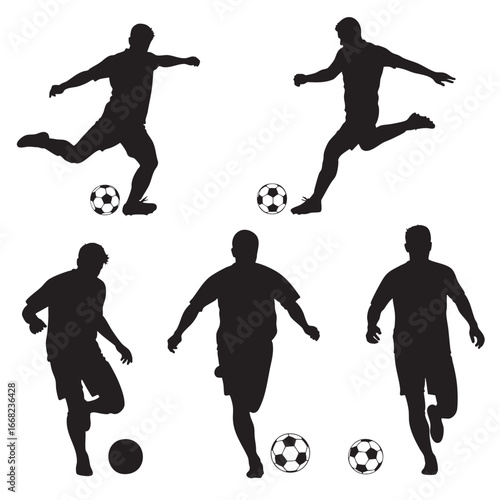 Dynamic soccer player silhouettes capturing action kicking running with balls football sport