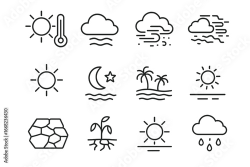 Desert Climate Icons. Outline icon set of desert climate icons: extreme heat, dry air, sandstorm, drought, sun
