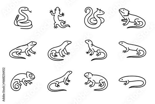 Desert Reptile Icons. Outline icon set of desert reptiles: rattlesnake, gecko, horned viper, bearded dragon,