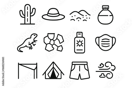 Desert Survival Icons. Outline icon set of desert heat living: cactus, wide hat, dry sand, water canteen,