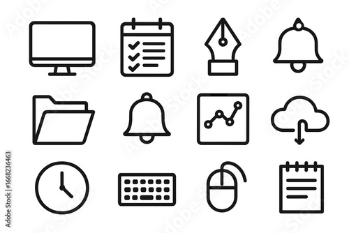 Desktop Organizer Icons. Outline icon set of content organizer on desktop: desktop monitor, calendar,