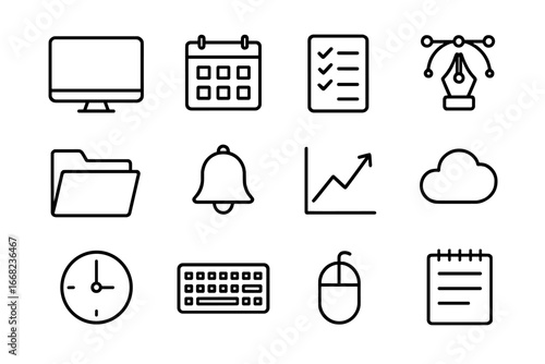 Desktop Organizer Icons. Outline icon set of content organizer on desktop: desktop monitor, calendar,