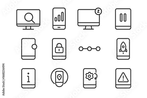 Device Monitoring Icons. Outline icon set of device monitoring: screen tracker, data usage, idle time, device