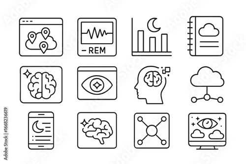 Digital Dream Icons. Outline icon set of digital dream interfaces: dream map, REM signal, sleep phase chart,