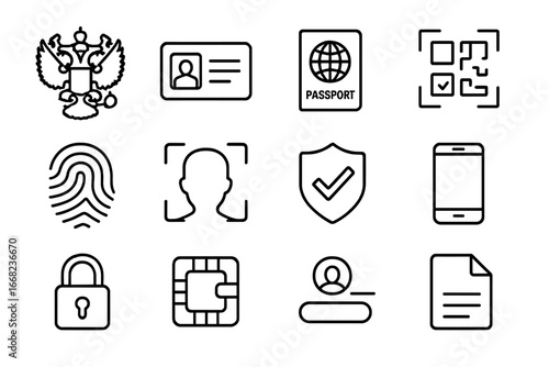 Digital ID Icon Set. Outline icon set of government digital ID: national emblem, ID card, passport, QR code,
