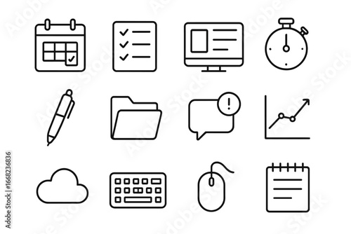 Digital Planning Icons. Outline icon set of digital content planner tools: calendar page, checklist, desktop