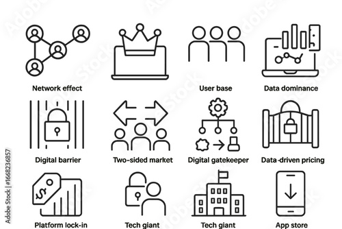 Digital Platform Icons. Outline icon set of digital platform markets: network effect, platform monopoly, user