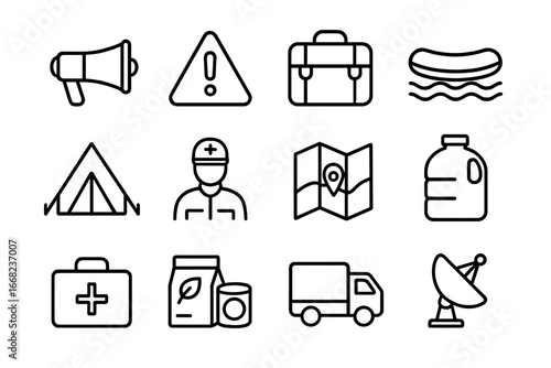 Disaster Warning Icons. Outline icon set of climate disaster warning and evacuation: loudspeaker, warning sign