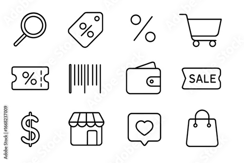 Discount Icon Set. Outline icon set of searching for discounts: magnifying glass, price tag, percentage sign,