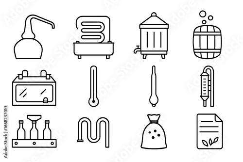Distillation Process Icons. Outline icon set of distillation process: copper still, condenser coil, mash tun,