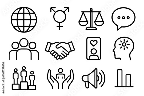 Diversity Icon Set. Outline icon set of diversity and inclusion coaching: world globe, gender icon, equality