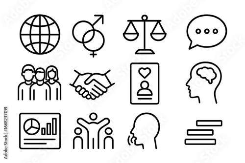 Diversity Icon Set. Outline icon set of diversity and inclusion coaching: world globe, gender icon, equality