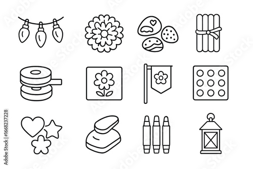 DIY Summer Decoration Icons. Outline icon set of DIY summer decorations: string lights, tissue flowers,