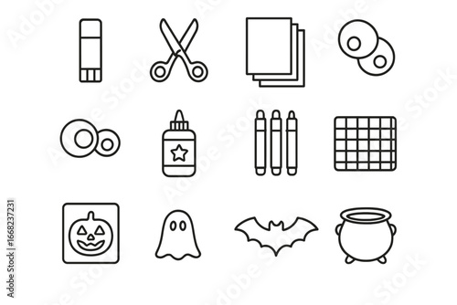 DIY Halloween Crafts Icons. Outline icon set of DIY Halloween crafts: glue stick, scissors, construction paper