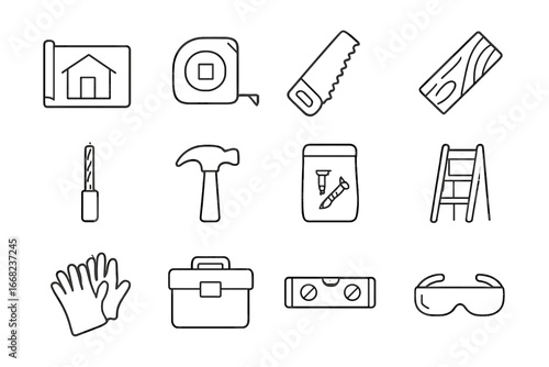 DIY Tiny Home Icons. Outline icon set of DIY tiny home build: blueprint icon, measuring tape, saw tool, wooden