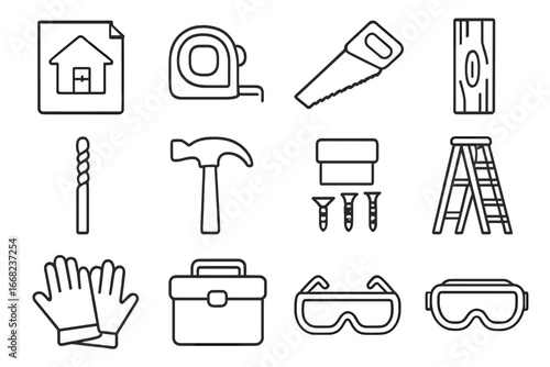 DIY Tiny Home Icons. Outline icon set of DIY tiny home build: blueprint icon, measuring tape, saw tool, wooden