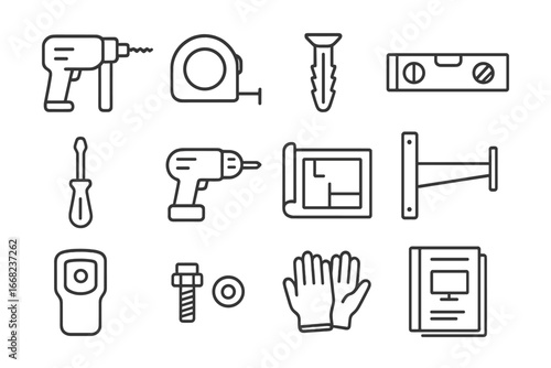 DIY Theater Icons. Outline icon set of DIY home theater installation: wall drill, measuring tape, wall anchor,