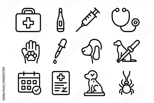 Dog Health Icons. Outline icon set of dog health check routine: vet bag, thermometer, dog vaccine, stethoscope