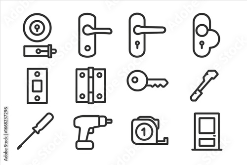 Door Hardware Icons. Outline icon set of exterior door hardware: deadbolt, latch, lever handle, knob, strike