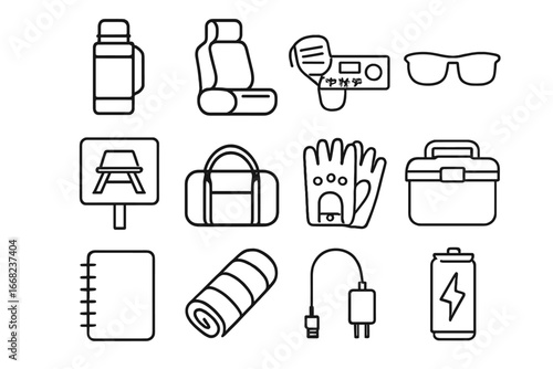 Driver Lifestyle Icons. Outline icon set of driver lifestyle: thermos, truck seat, radio, sunglasses, rest