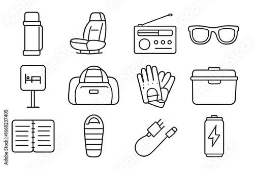 Driver Lifestyle Icons. Outline icon set of driver lifestyle: thermos, truck seat, radio, sunglasses, rest