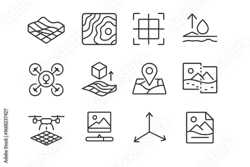 Drone Mapping Icons. Outline icon set of drone mapping: terrain grid, topographic lines, scan grid, elevation