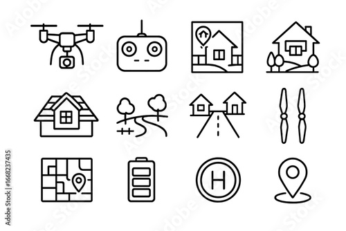 Drone Photography Icons. Outline icon set of drone property photography: drone, remote controller, aerial shot