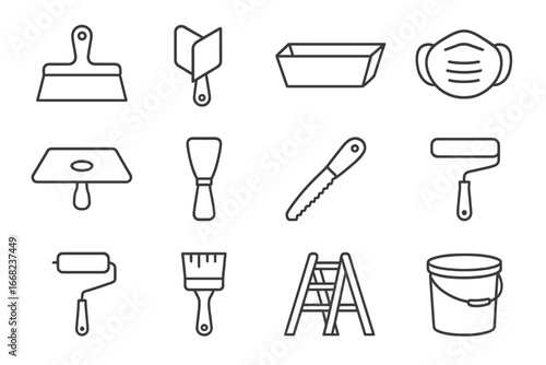 Drywall Tools Icons. Outline icon set of drywall finishing tools: taping knife, corner trowel, mud pan,