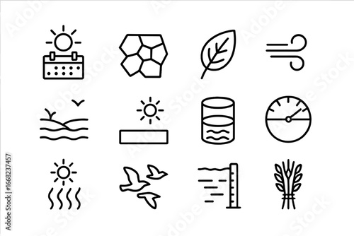 Dry Season Icon Set. Outline icon set of dry season indicators: sun calendar, cracked surface, dry leaf, wind