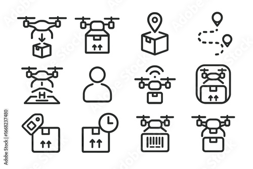 Drone Delivery Icons. Outline icon set of drone delivery systems: package drop, aerial box, delivery waypoint,