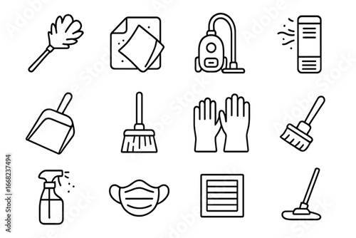 Dust Removal Icons. Outline icon set of dust removal techniques: feather duster, microfiber cloth, vacuum