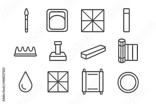 East Asian Calligraphy Icons. Outline icon set of East Asian calligraphy: calligraphy brush, ink stone, rice
