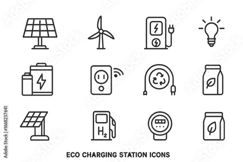 Eco Charging Icons Grid. Outline icon set of eco charging stations: solar charger, wind turbine, EV charger,