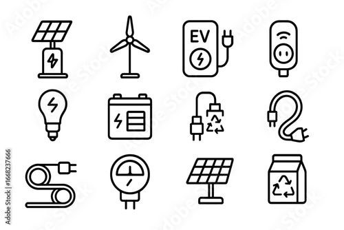 Eco Charging Icons Grid. Outline icon set of eco charging stations: solar charger, wind turbine, EV charger,