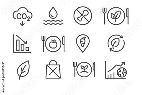 Eco Diet Icons. Outline icon set of climate-conscious diets: carbon footprint icon, water usage symbol,