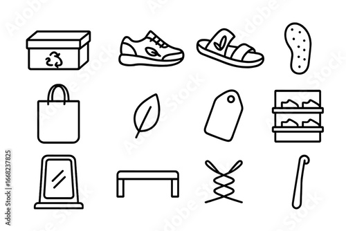 Eco Shoe Icons. Outline icon set of eco-friendly shoe shopping: recycled shoebox, organic sneaker, hemp sandal