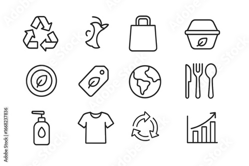Eco Shopping Icons. Outline icon set of eco-conscious shopping: recycling icon, compost sign, paper bag,