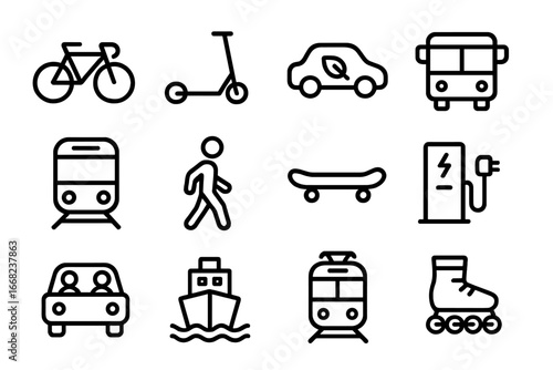 Eco Transport Icons. Outline icon set of eco-friendly transport awareness: bicycle, scooter, electric car, bus