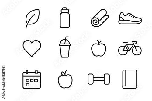 Eco Wellness Icons. Outline icon set of eco-friendly wellness plans: plant leaf, reusable bottle, yoga mat,